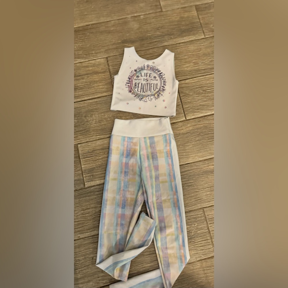 Sugarlulu girl medium athletic, gymnastics, cheer dance set. VINTAGE PLAID